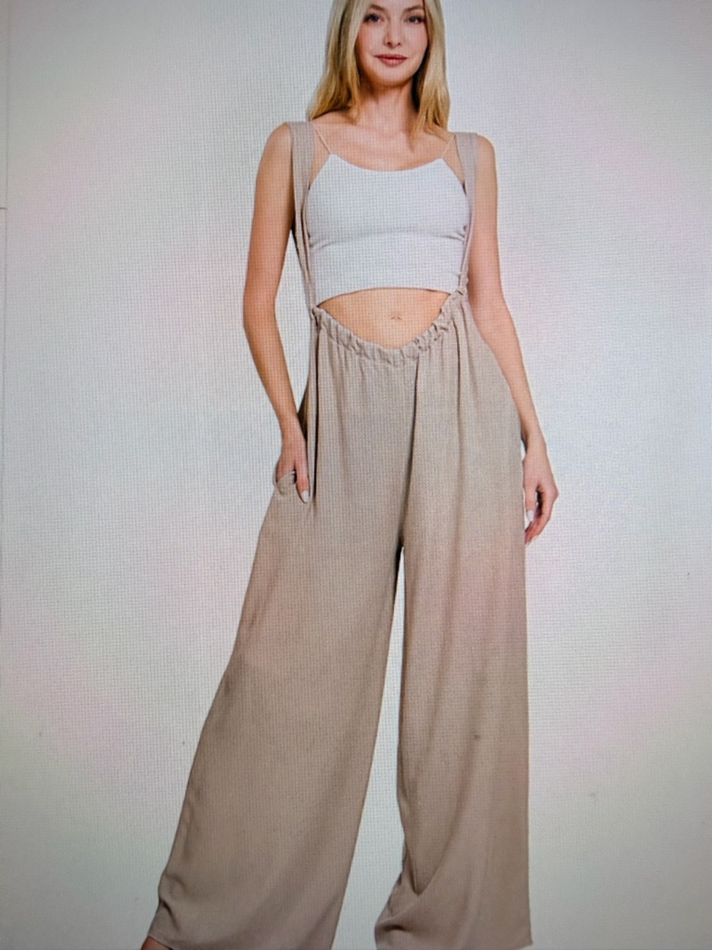 High-Rise Wide-Leg Suspender Pants in Taupe